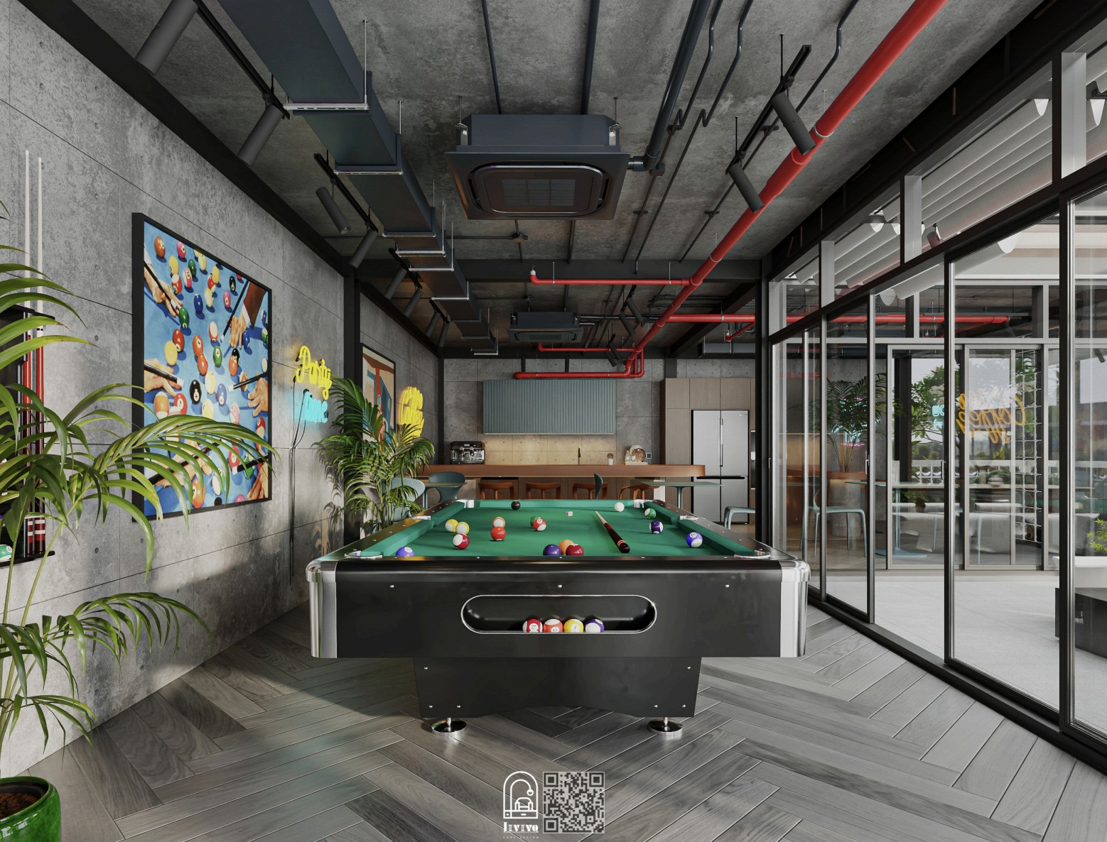 Khu vực giải trí với bi-a và game